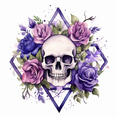 A skull and purple roses on a white background. Generative AI.