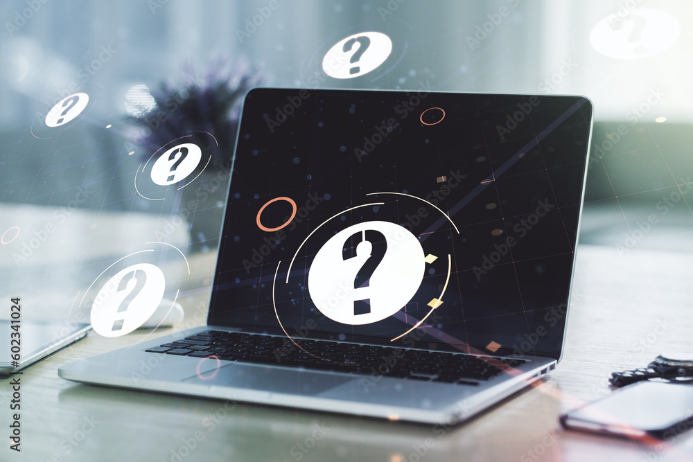 Aufkleber creative abstract question mark hologram on modern computer background, future technology concept. m