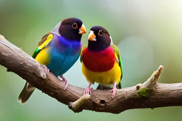 Fototapeta na wymiar Moment of tenderness between a pair of Gouldian finch birds,Two birds in love, Generative AI