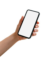 Isolated smart phone with blank screen in female hand.