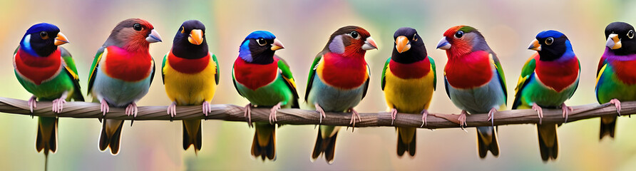 Fototapeta na wymiar Funny little Gouldian finch birds sit on a branch in a spring, birds in love, Generative AI
