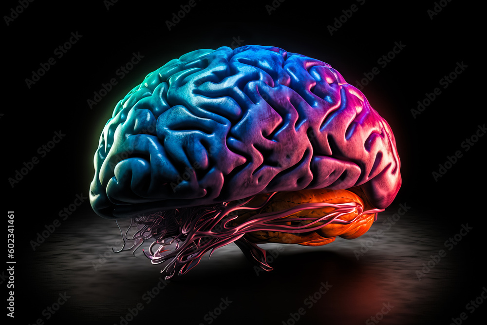 Poster brain abstract digital human brain. neural network digital electrical activity, flashes and lightnin