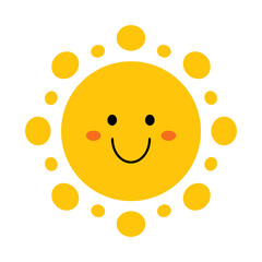 Vector smiling sun in flat design. Funny sun with face. Childish cute sunshine emoji. Simple kawaii sun with round sunbeams. Baby sunshine with blush.