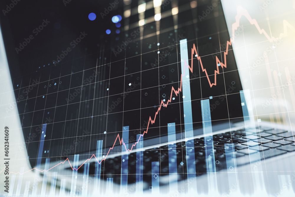 Poster multi exposure of abstract creative financial chart on computer background, research and analytics c