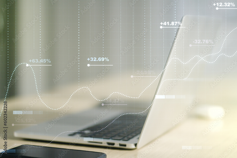 Poster multi exposure of abstract statistics data hologram interface on computer background, computing and 