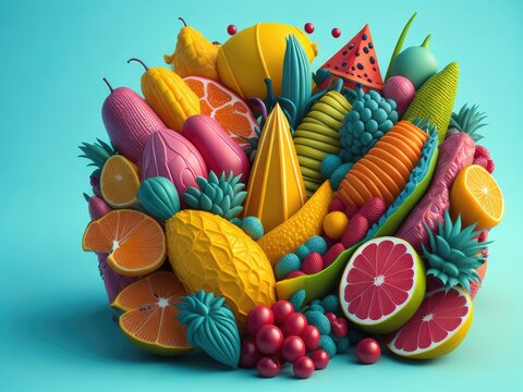 3D summer colorful artwork with tropical fruits. ai generative