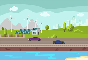 illustration of clean electric energy from renewable sources sun and wind. Power plant station with solar panels and wind turbines on city skyline urban landscape background.