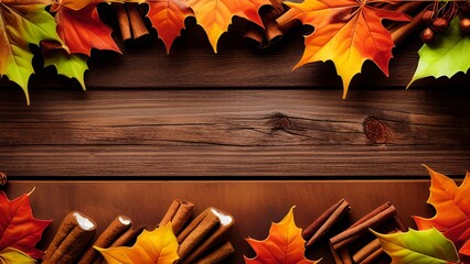 Autumn Bliss: A Cozy Seasonal Arrangement of Leaves, Pumpkins, and Cinnamon on a Rustic Wood Background