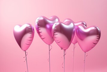pink heart shaped foil balloons on a pink background, generative ai