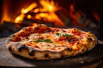Fresh baked pizza closeup, traditional wood fired oven background. Generative AI