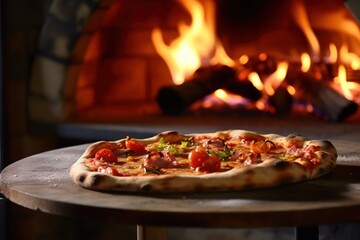 Fresh baked pizza closeup, traditional wood fired oven background. Generative AI