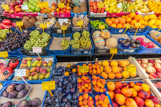 Fruits for sale at Naschmarkt market in Vienna, Austria