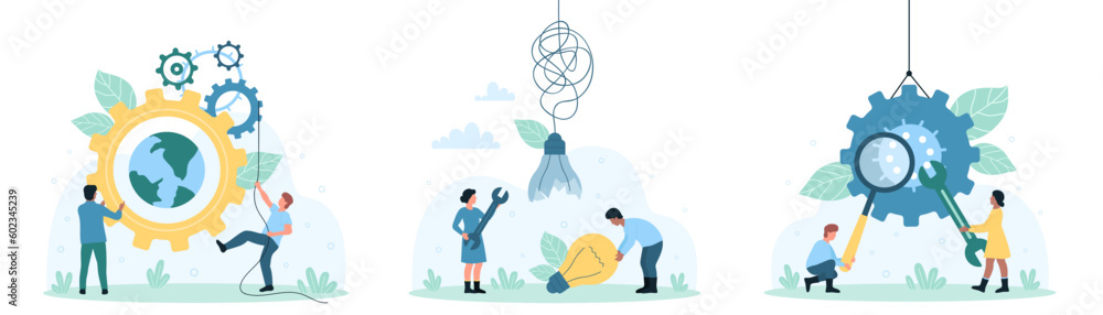 Poster tech support service set vector illustration. cartoon tiny people with tools repair broken light bul