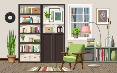 Living room interior design with black bookcases, an armchair, a shelving, a window, and houseplants. Cozy evening room interior design. Cartoon vector illustration