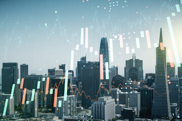 Multi exposure of abstract virtual financial graph hologram on San Francisco skyline background,...