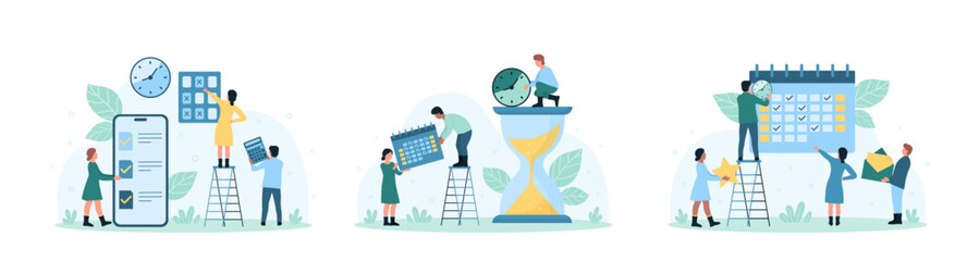 Time management set vector illustration. Cartoon tiny people schedule business tasks of month in calendar timetable, work with priority list to organize important appointment in organizer mobile app - obrazy, fototapety, plakaty