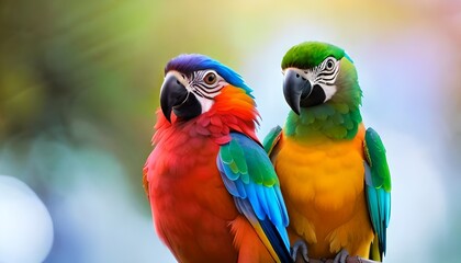 Moment of tenderness between a pair of parrots birds, two birds in love on a flowering branch, Generative AI