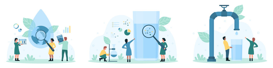 Water quality inspection set vector illustration. Cartoon tiny people study drop sample in glass of water through magnifying glass, control chemical and biological pollution results with equipment