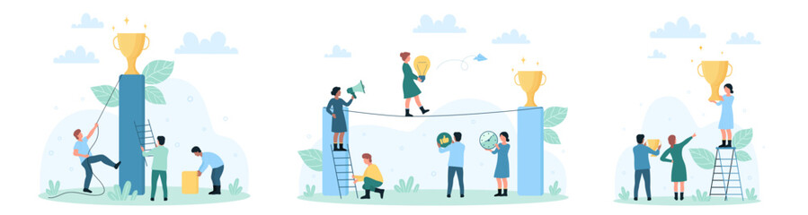 Business people climb for success trophy set vector illustration. Cartoon tiny characters climbing ladder to victory top, champion holding golden award cup and lightbulb, work in team to win prize