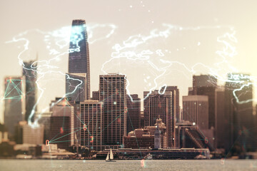 Fototapeta na wymiar Multi exposure of abstract graphic world map on San Francisco cityscape background, big data and networking concept