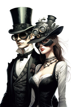 A Man And A Woman Dressed Up In Steampunk Clothing. Generative AI.