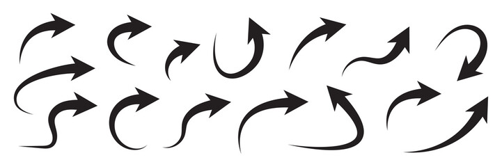 Set of black curved arrows isolated on white.