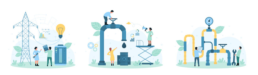 Energy and power production vector illustration. Cartoon tiny people check and control gas and oil pipeline, open valve on pipe, workers connect light bulb, battery with high voltage power line