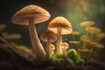 Fototapeta premium Mushrooms in the wild forest close up