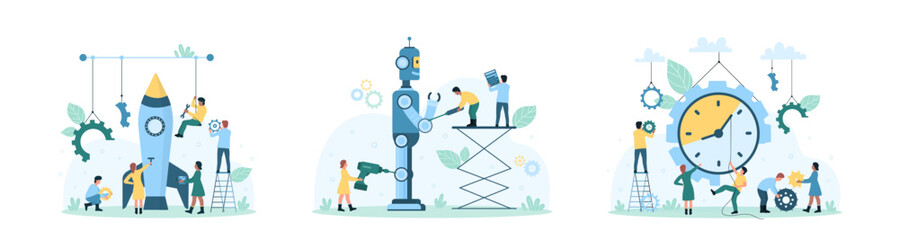 Fototapeta premium Tech startup set vector illustration. Cartoon tiny people building rocket and robot together to launch new digital product or futuristic project, move hand on clock inside gear for work progress