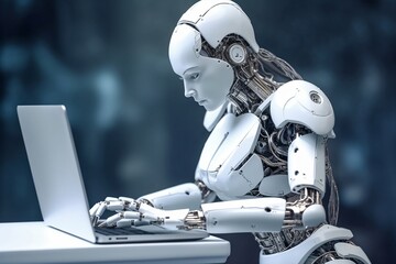 Obraz na płótnie Canvas A female humanoid robot works on a laptop. Modern background. Generative AI