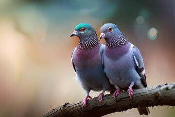 Moment of tenderness between a pair of pigeons birds, two birds in love on a flowering branch, Generative AI