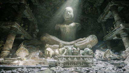 Ancient statues with light ray in the cave, 3d render
