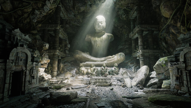 Ancient statues with light ray in the cave, 3d render