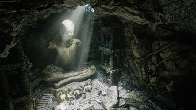 Ancient statues with light ray in the cave, 3d render © kinwun