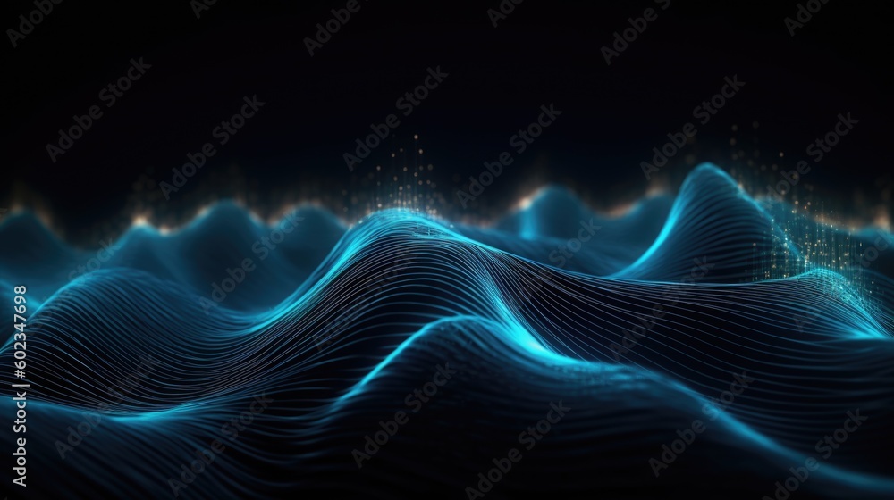 Poster 3d render of a modern background with a blue flowing particles wave design.generative ai aig21.