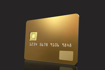 Golden bank credit card isolated on grey background