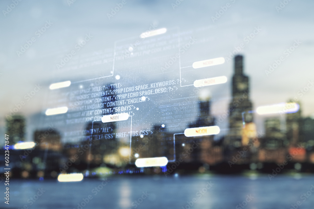 Poster double exposure of abstract programming language interface on blurry cityscape background, research 