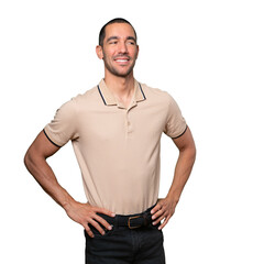 Happy young man posing against background