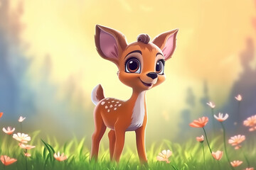 a cute adorable baby roe deer in nature rendered in the style of children-friendly cartoon animation fantasy style  created by AI