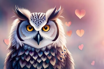 Moment of tenderness between a pair of owls birds, two birds in love on a branch, Generative AI