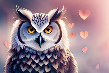 Fototapeta premium Moment of tenderness between a pair of owls birds, two birds in love on a branch, Generative AI