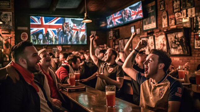 A group of British football fans cheer and raise pints of beer in a pub while watching a football match on TV - ai generative
