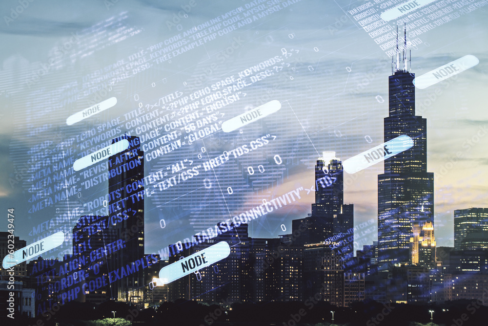 Poster multi exposure of abstract creative coding sketch and world map on chicago city skyline background, 