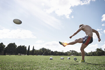 Rugby, man and ankle pain, injury on field with fitness and train for game, kicking ball and...