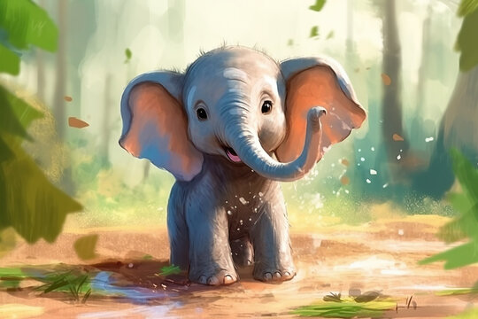 cute adorable baby elephant showering himself with a trunks made in cartoon for kids, fantastic style created by AI