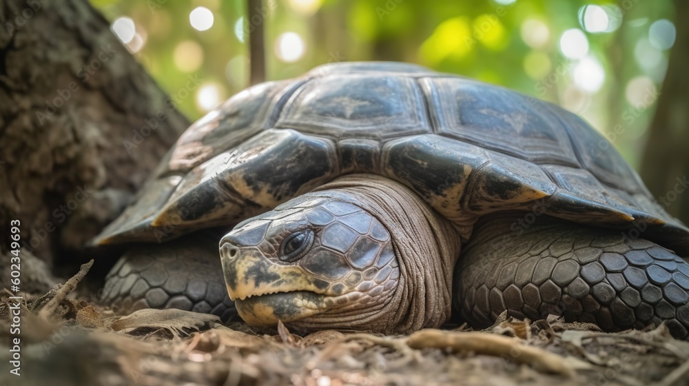 Poster a large turtle sitting on the ground next to a tree. generative ai