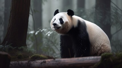Obraz na płótnie Canvas a panda bear standing in the middle of a forest of trees. generative ai