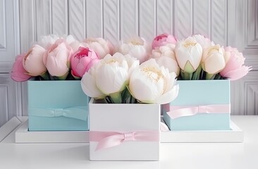 pink peony flowers in tulip boxes arrangement, generative ai