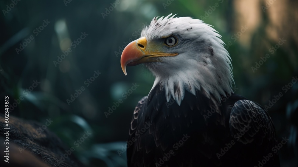 Poster a bald eagle with a white head and yellow beak sitting on a tree branch. generative ai