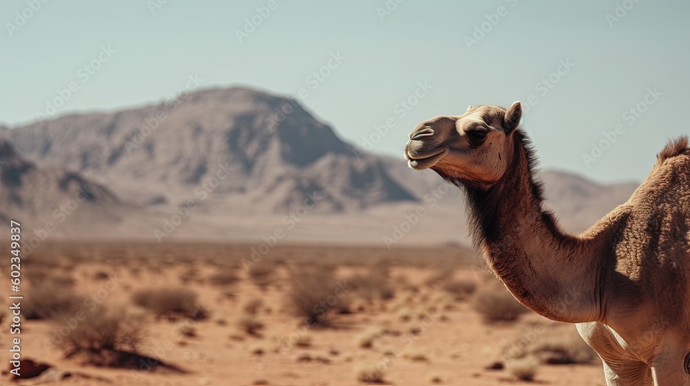 Poster a camel standing in the desert with a mountain in the background. generative ai